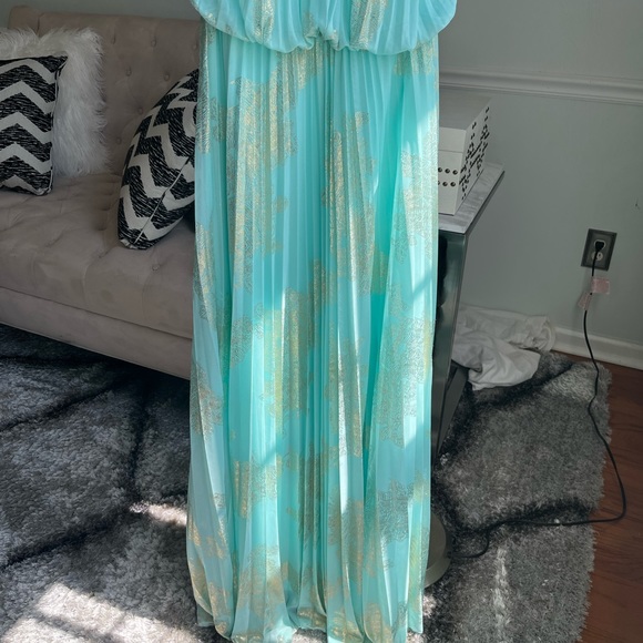 MSK Women's Gold Chain Halter Neck Maxi Woven Pleated Dress - Picture 11 of 15